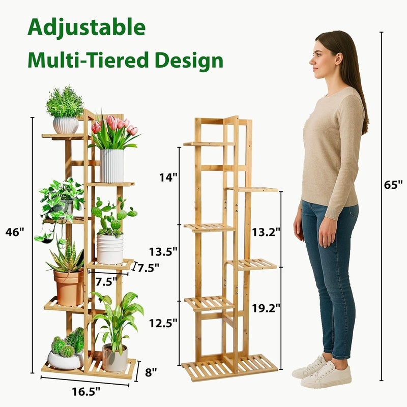 DolceLuna Plant Stand Indoor Corner, Tiered Bamboo Plant Shelf 46 Inch Tall, Plant Rack 6 Tier for Multiple Small Plants, Flower Holders for Living Room Bedroom Window Patio Balcony, Natural - Image 2